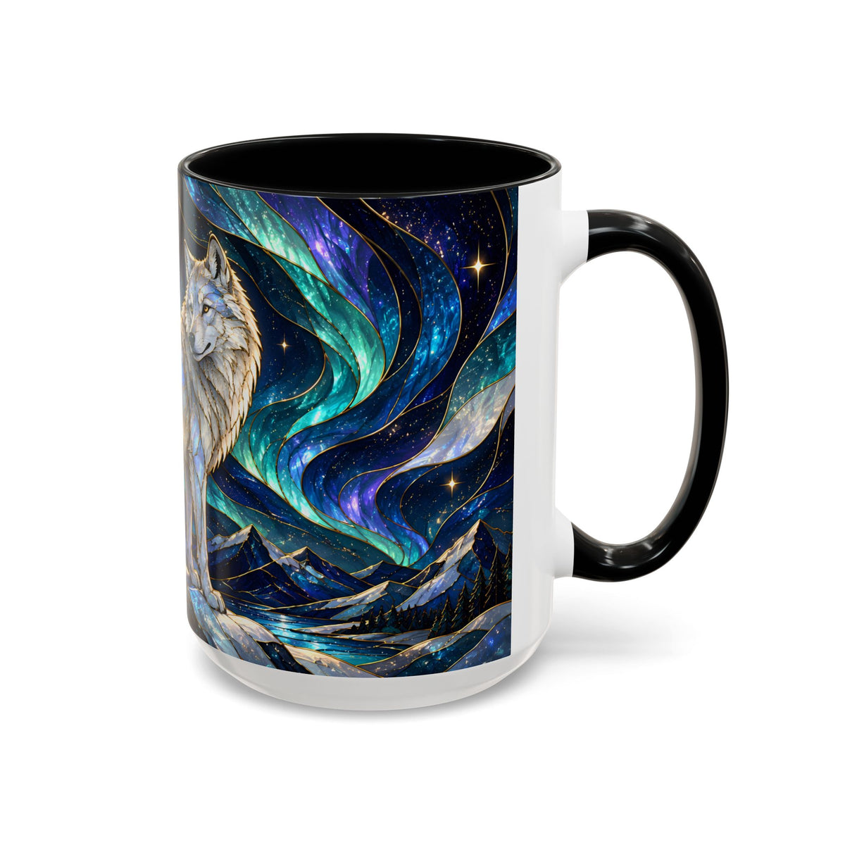 Aurora Mountain Wolf Stained Glass Style Mug