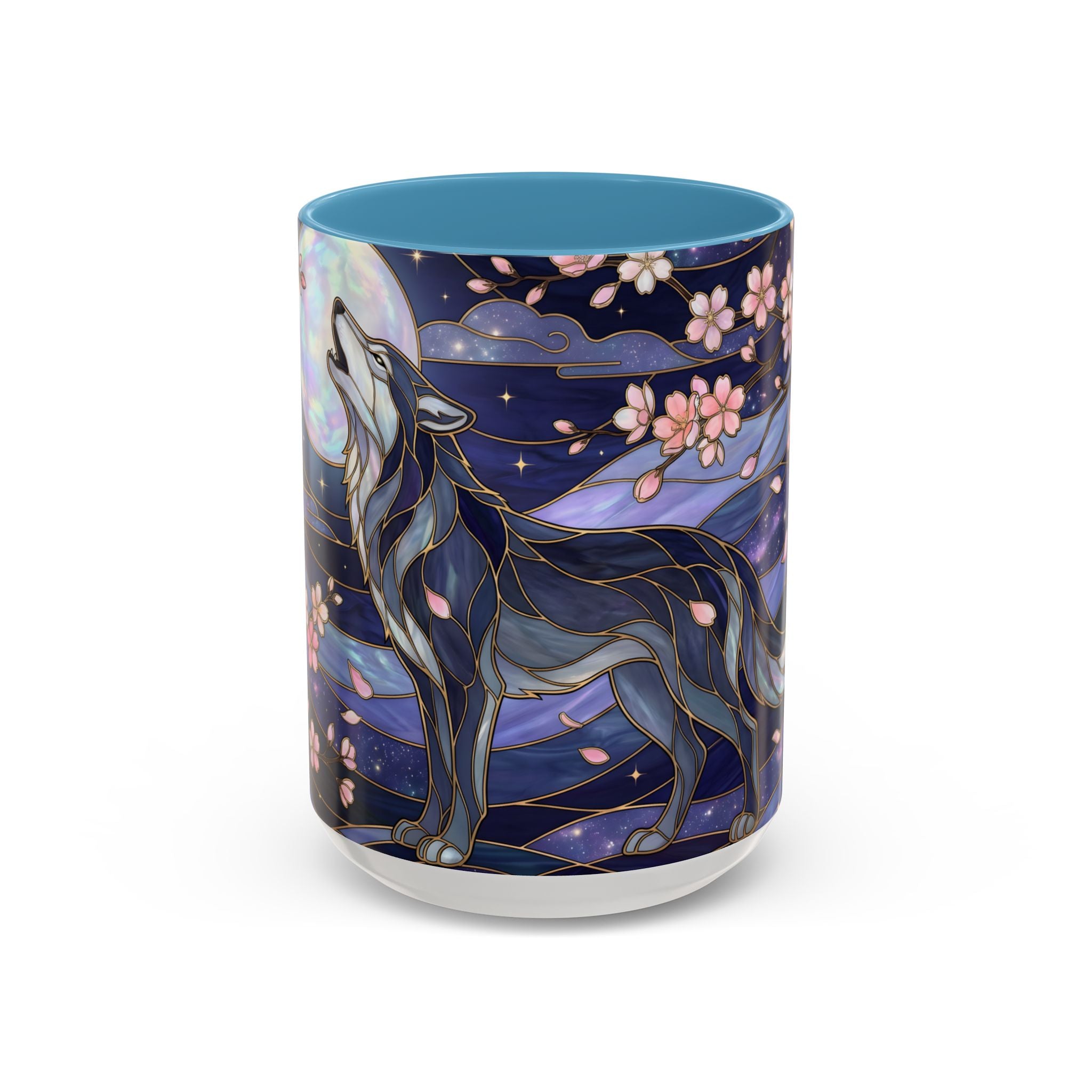 Night Sakura Wolf Stained Glass Style Wolf Coffee Mug