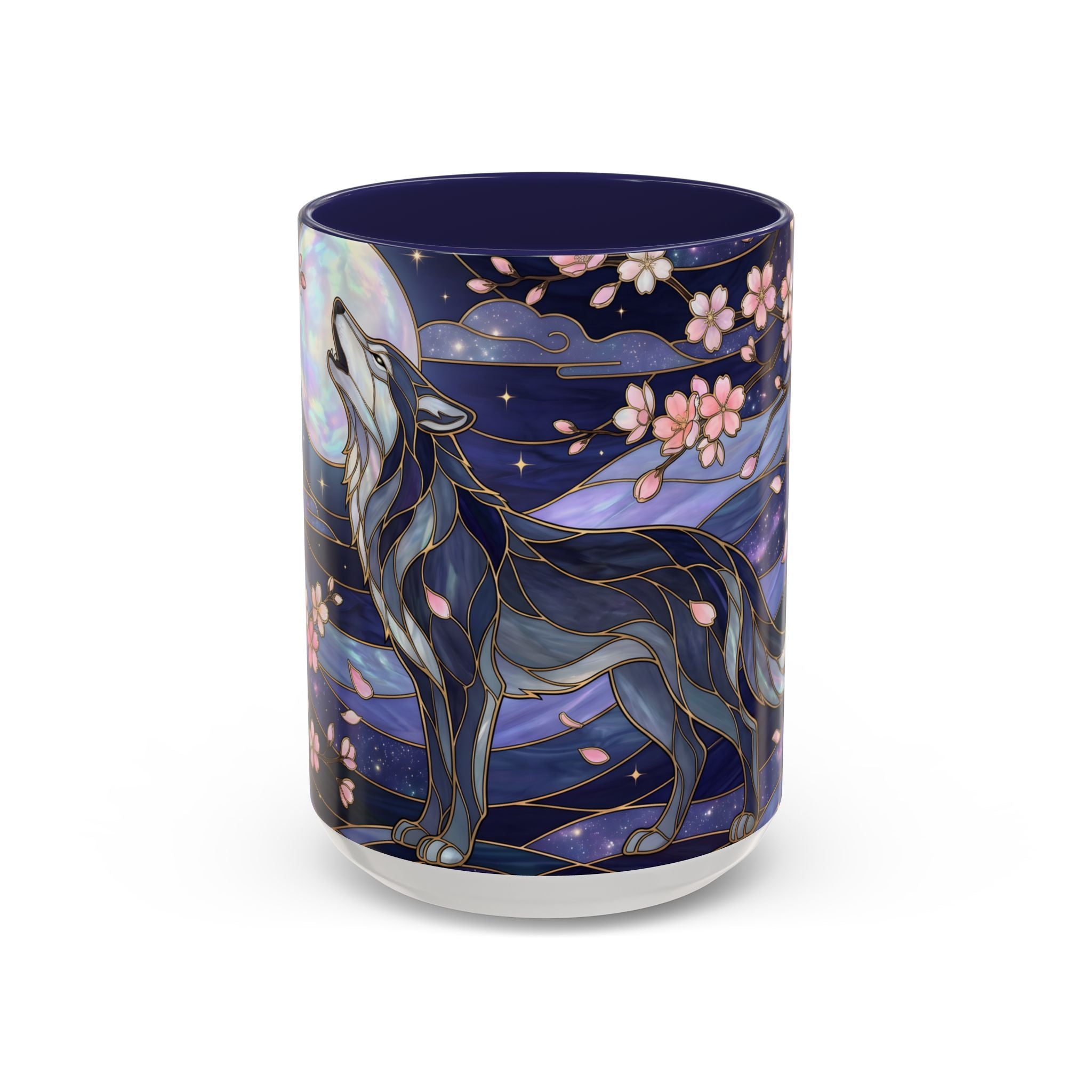 Night Sakura Wolf Stained Glass Style Wolf Coffee Mug