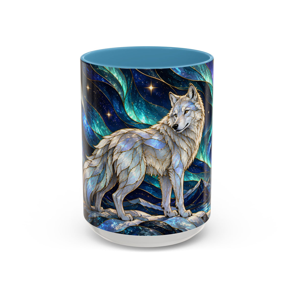 Aurora Mountain Wolf Stained Glass Style Mug