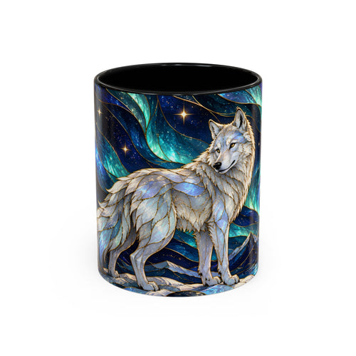 Aurora Mountain Wolf Stained Glass Style Mug