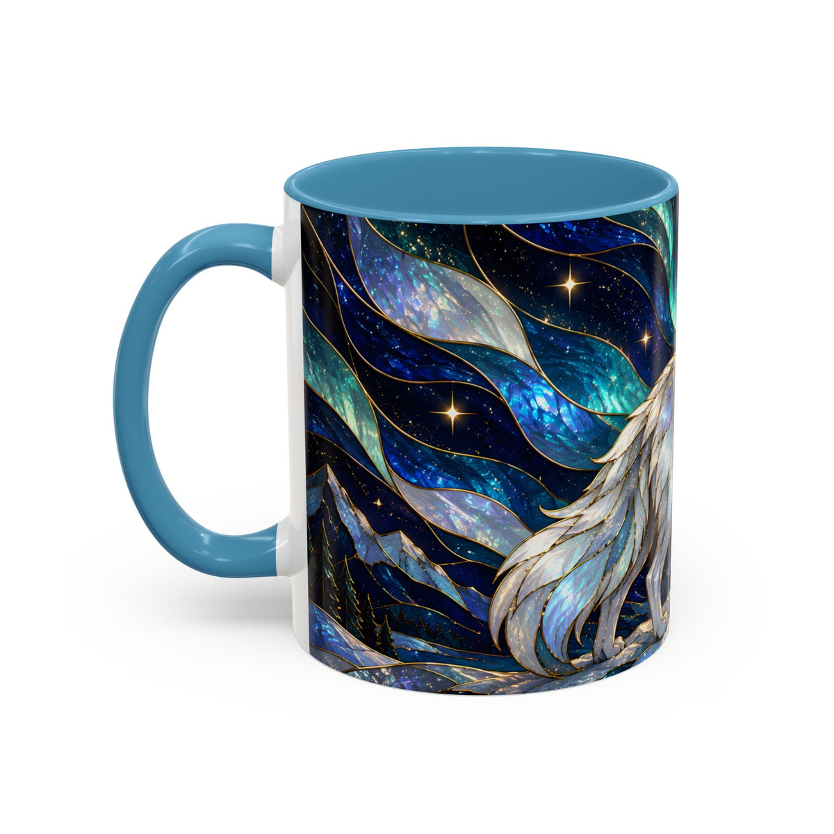 Aurora Mountain Wolf Stained Glass Style Mug