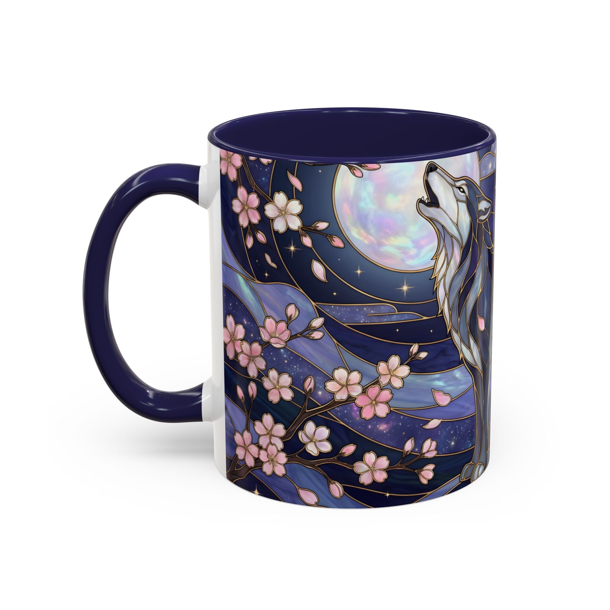 Night Sakura Wolf Stained Glass Style Wolf Coffee Mug
