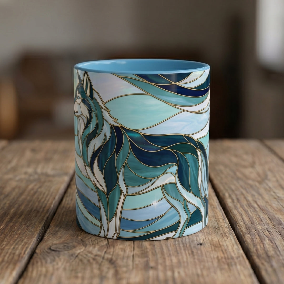 Pine Forest Wolf Stained Glass Style Mug