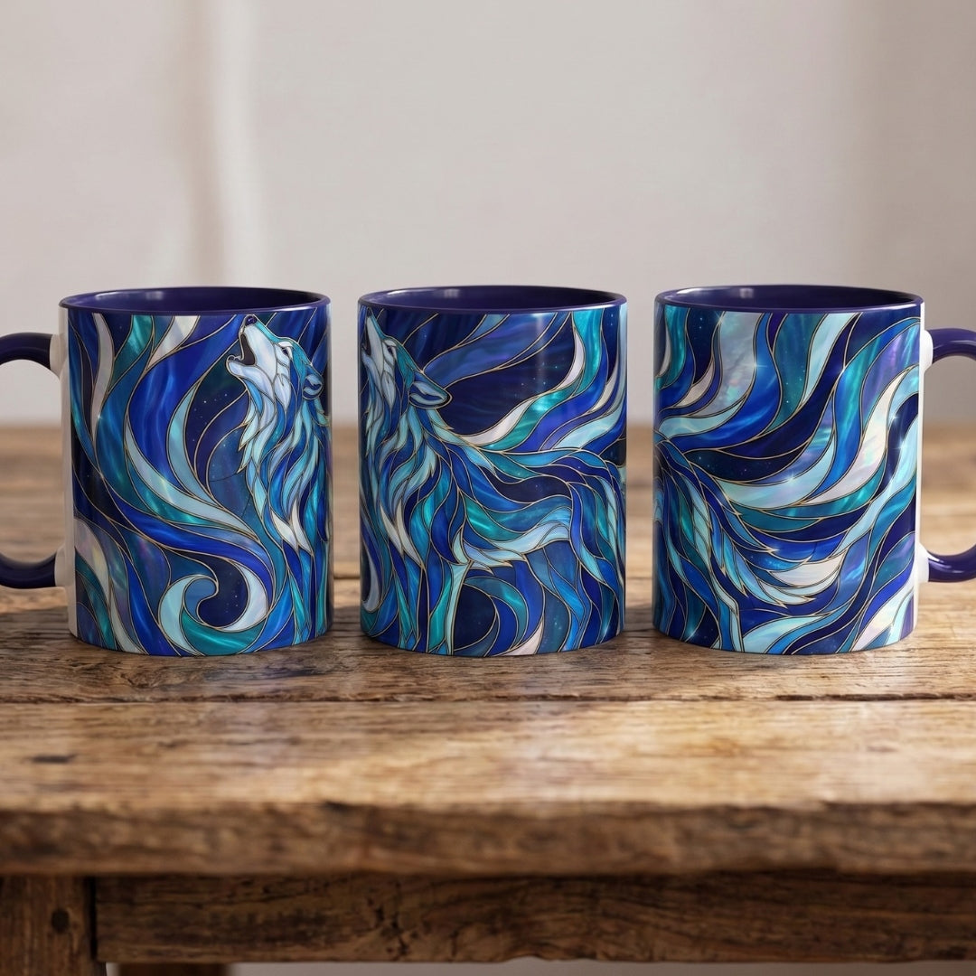 Cobalt Wolf Howl Stained Glass Style Mug