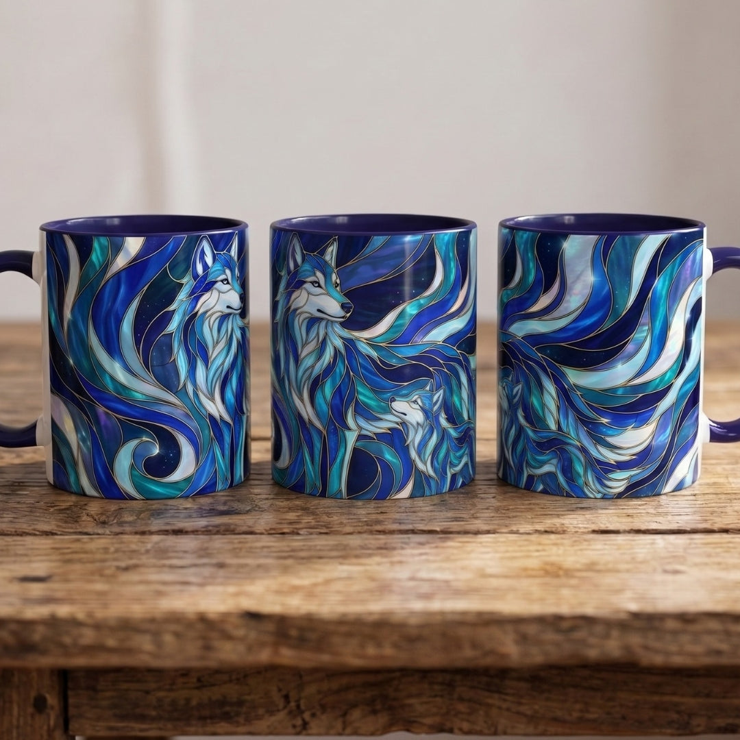 Cobalt Wolf Family Stained Glass Style Mug