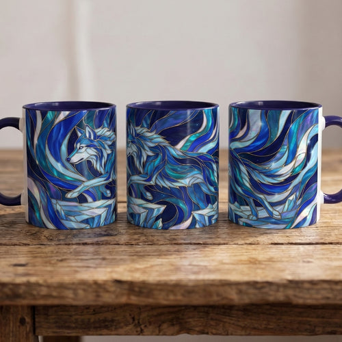 Cobalt Wolf Run Stained Glass Style Mug